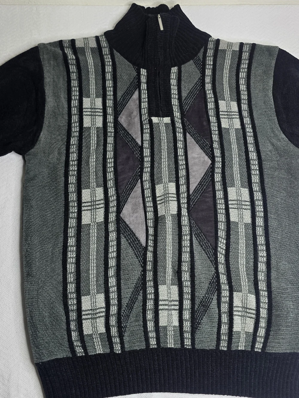 Seventh Avenue Men's Quarter Zip Sweater Size M Gray Black Geometric Knit Pullov